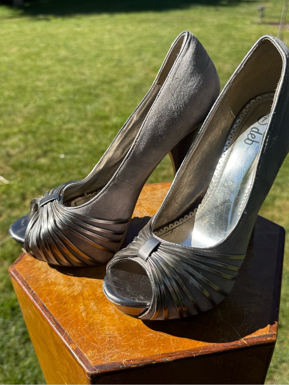 Deb Metallic & Suede Silver Peep-Toe High Heels